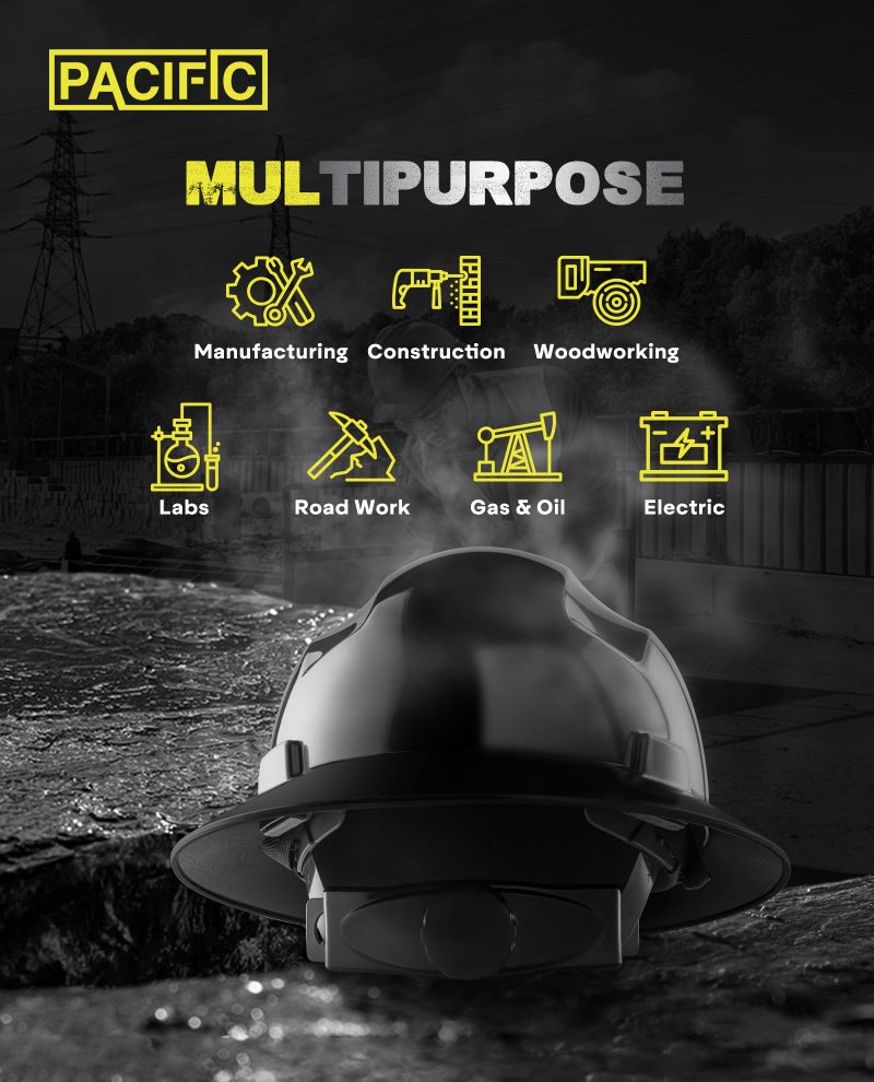 PACIFIC PPE Full Brim Hard Hat  OSHA Construction Work Approved  HDPE Safety Helmet with 4 Point Adjustable Ratchet Suspension  Class E  G & C  Black - Image 4